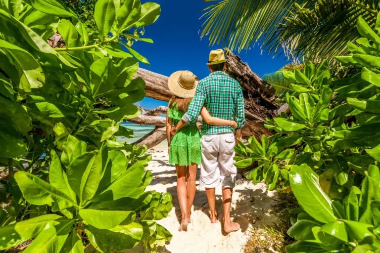 Two lovers seeing the view by the beach with bunch of wild plants.
